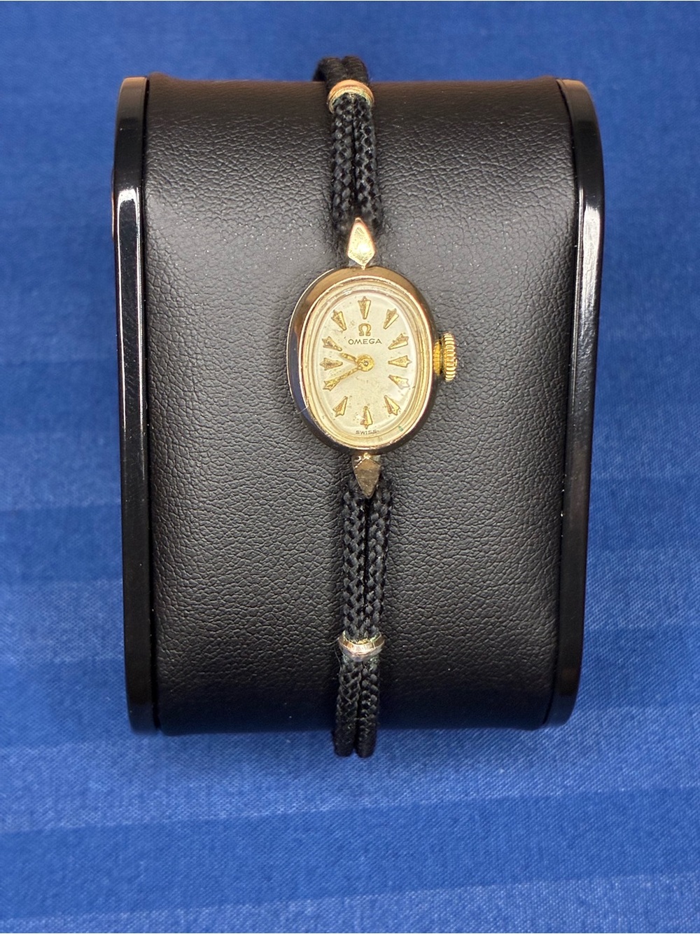 Omega Ladies 14k GF Oval Watch with Black Cord Strap